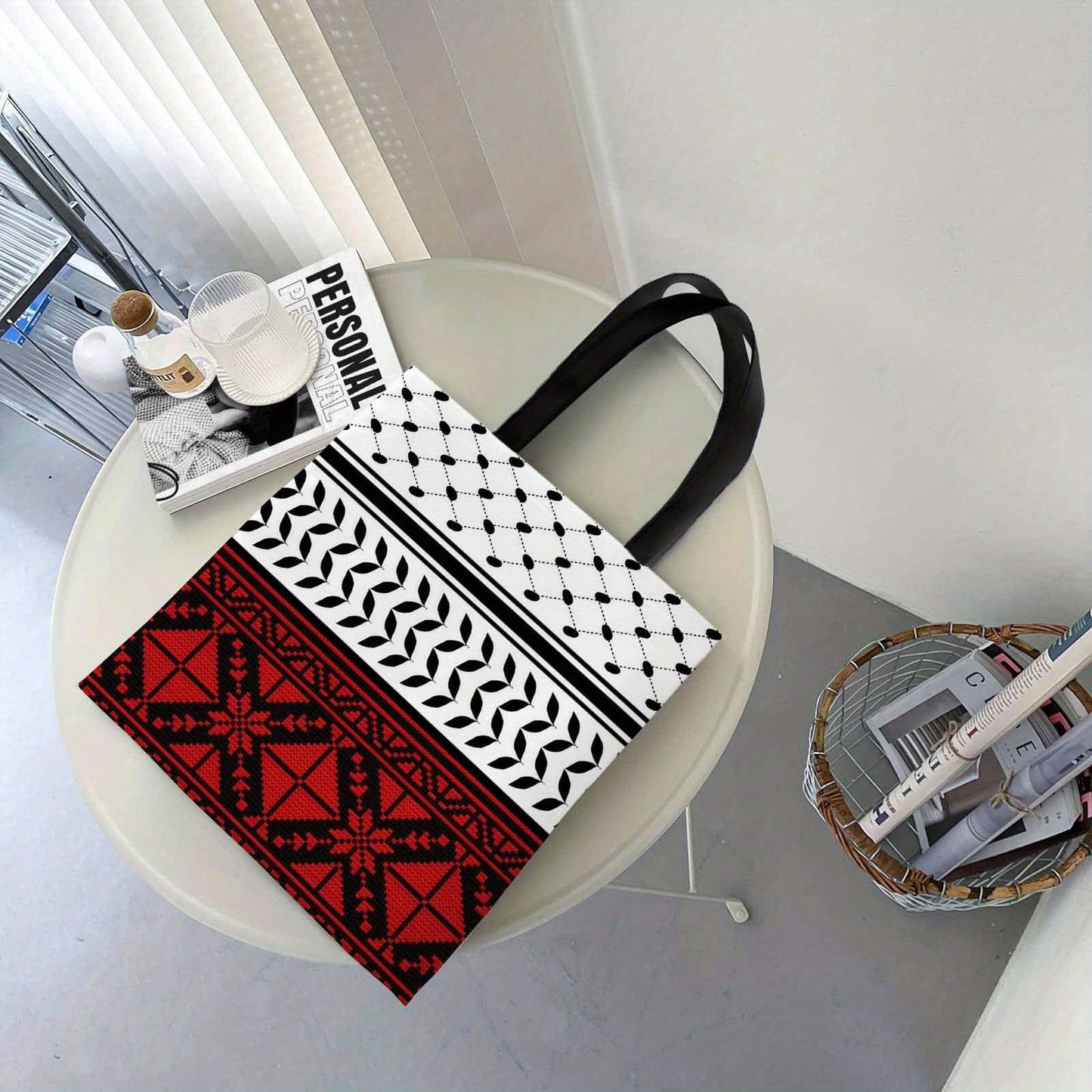1pc Geometric Patterns, Red And Black, Traditional Design Tote Bag, Very Suitable for Outdoor Picnics And Shopping, Picnic Accessories | Fun Design | Durable Handle, Cute Tote Bag, Used for Family Gatherings, Holiday Events,