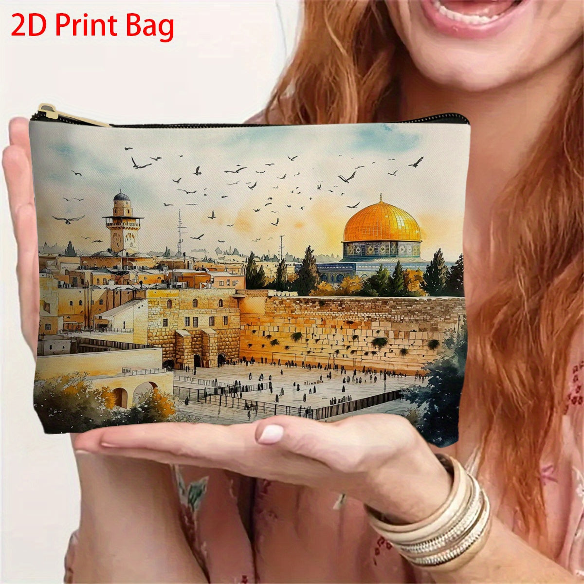 1pc Polyester Makeup Bag with 2D Print of Jerusalem - Historic Dome of the Rock & Al-Aqsa Mosque, Black Zipper, Perfect for Travel & Daily Use, Ideal Gift for Christmas, Thanksgiving, Halloween, Birthdays, Travel Makeup Bag |
