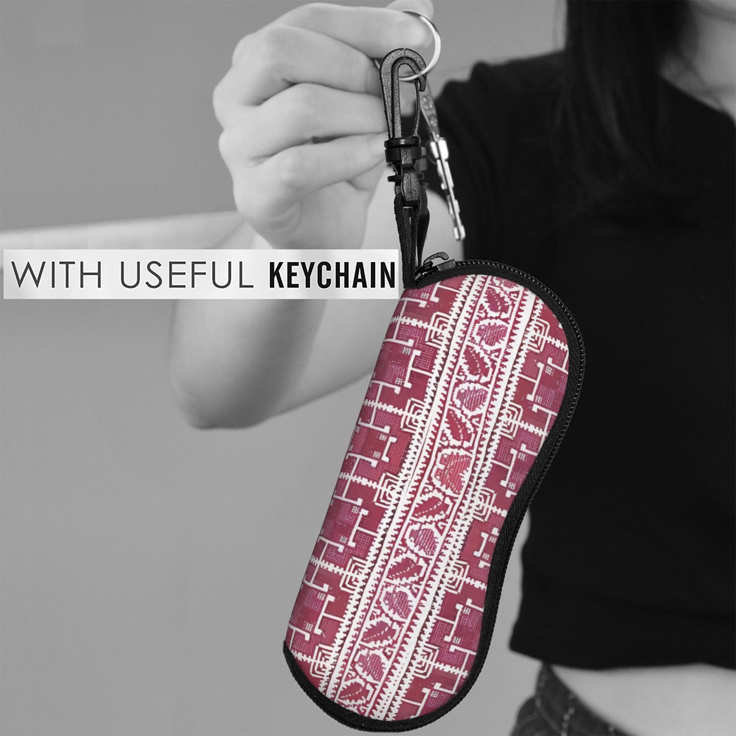 1pc Palestinian Tatreez Embroidery Glasses Case - Maroon & White Floral Design, Durable Zippered Travel Eyewear Pouch, Unisex Portable Protective Cover Fits Various Glasses Styles, Artistic Accessory, Intricate Patterns