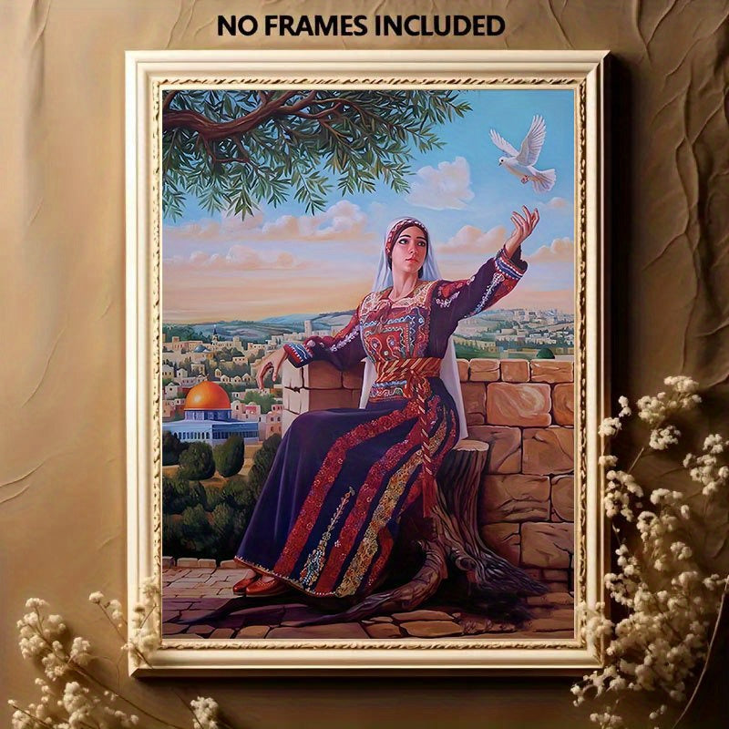 1pc of Palestinian Women and Peace Dove themed 2D flat canvas art painting, suitable for living room, study, bedroom, restaurant, hotel, office, cafe, tea room, foyer, corridor, balcony decoration, gift for mother, wife, fema