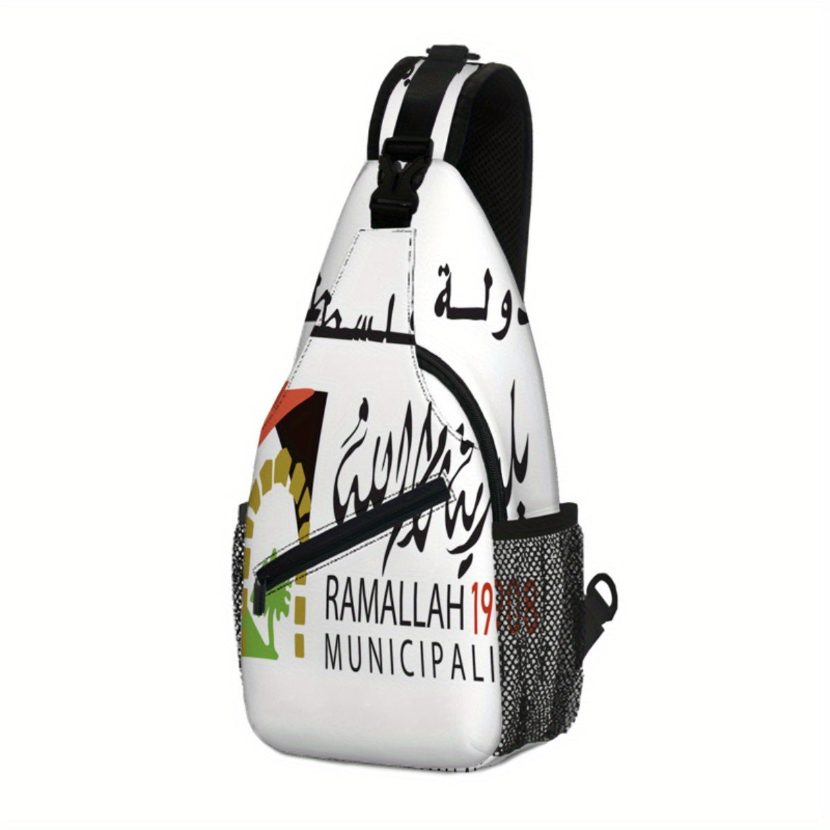 1pc Ramallah Municipal Crossbody Bag - Adjustable Strap, Zippered, Casual & Versatile Chest Bag with 2D Flag Design, Black Polyester for Men & Women, Outdoor Sports & Daily Use, Casual Accessory | Cultural Emblem Bag | Secure