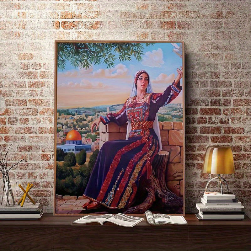 1pc Unframed Canvas PosterPalestinian Woman with DoveFor Gift Bedroom Office Living Room Cafe Bar Wall Decor Home And Dormitory Decorationholiday gift for Mother's Day Valentine's Day Easter Thanksgiving Day and Independence