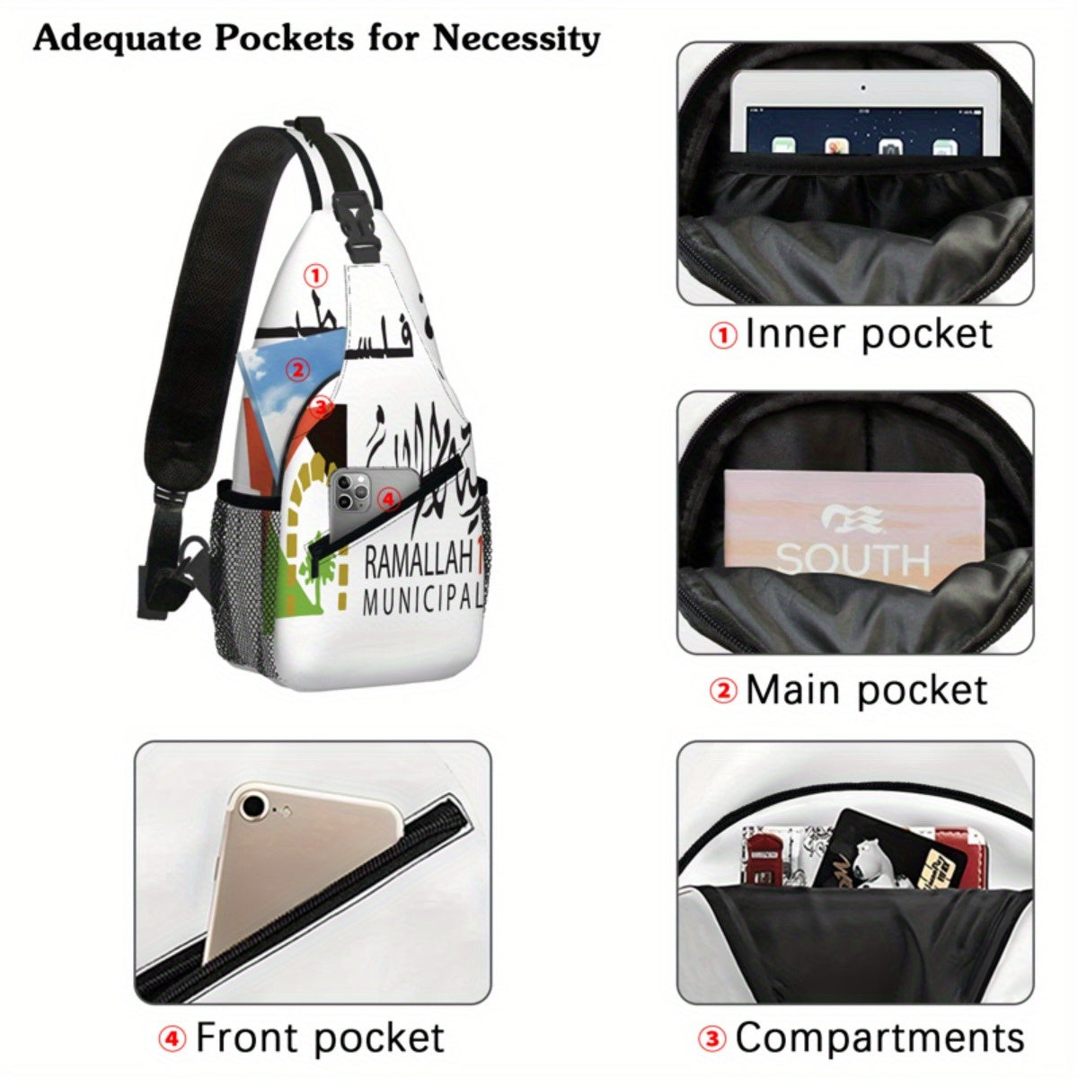 1pc Ramallah Municipal Crossbody Bag - Adjustable Strap, Zippered, Casual & Versatile Chest Bag with 2D Flag Design, Black Polyester for Men & Women, Outdoor Sports & Daily Use, Casual Accessory | Cultural Emblem Bag | Secure