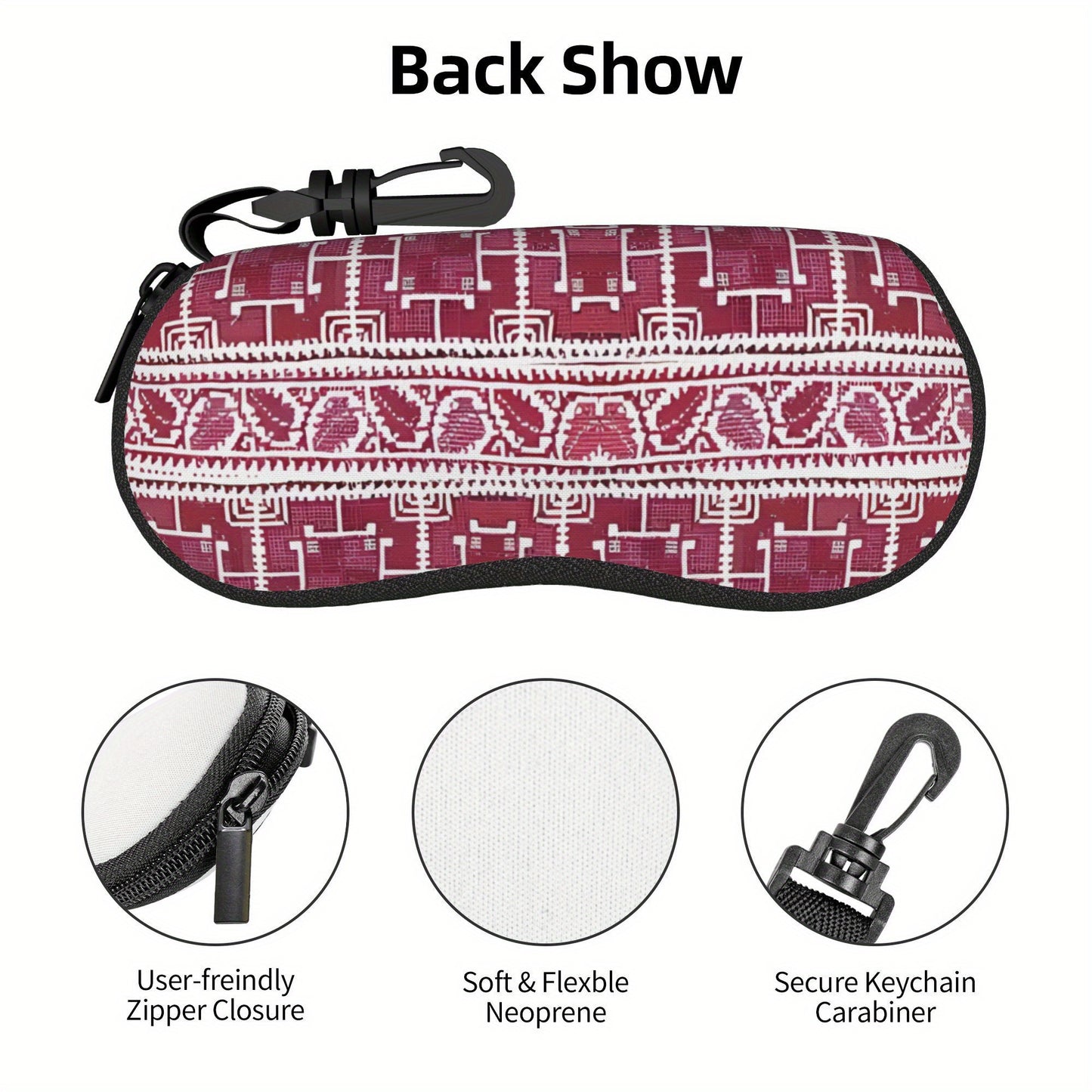 1pc Palestinian Tatreez Embroidery Glasses Case - Maroon & White Floral Design, Durable Zippered Travel Eyewear Pouch, Unisex Portable Protective Cover Fits Various Glasses Styles, Artistic Accessory, Intricate Patterns