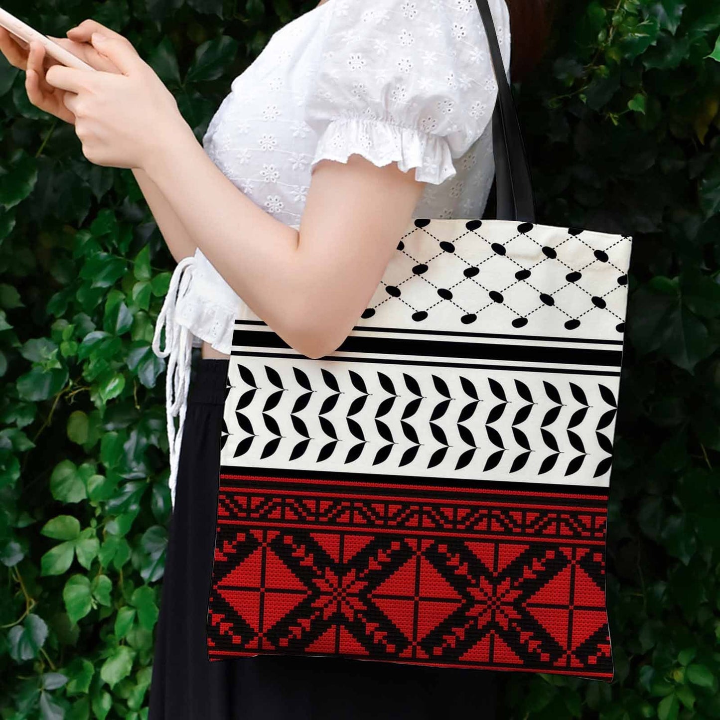 1pc Geometric Patterns, Red And Black, Traditional Design Tote Bag, Very Suitable for Outdoor Picnics And Shopping, Picnic Accessories | Fun Design | Durable Handle, Cute Tote Bag, Used for Family Gatherings, Holiday Events,