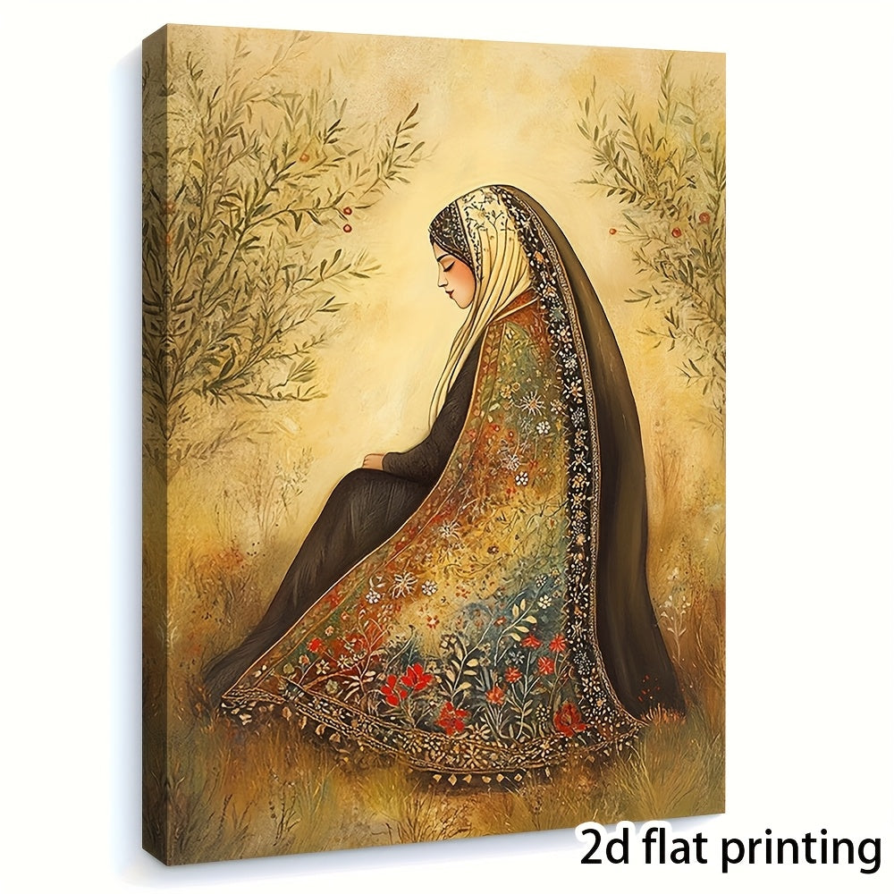 1pc Contemporary Palestinian Woman in Thobe Canvas Wall Art with Wooden Frame 29.97x39.88 cm - Vibrant Traditional Attire & Floral Print, Ready to Hang Home Decor for Living Room, Anniversaries XYK778, Anniversary Gift, Intri