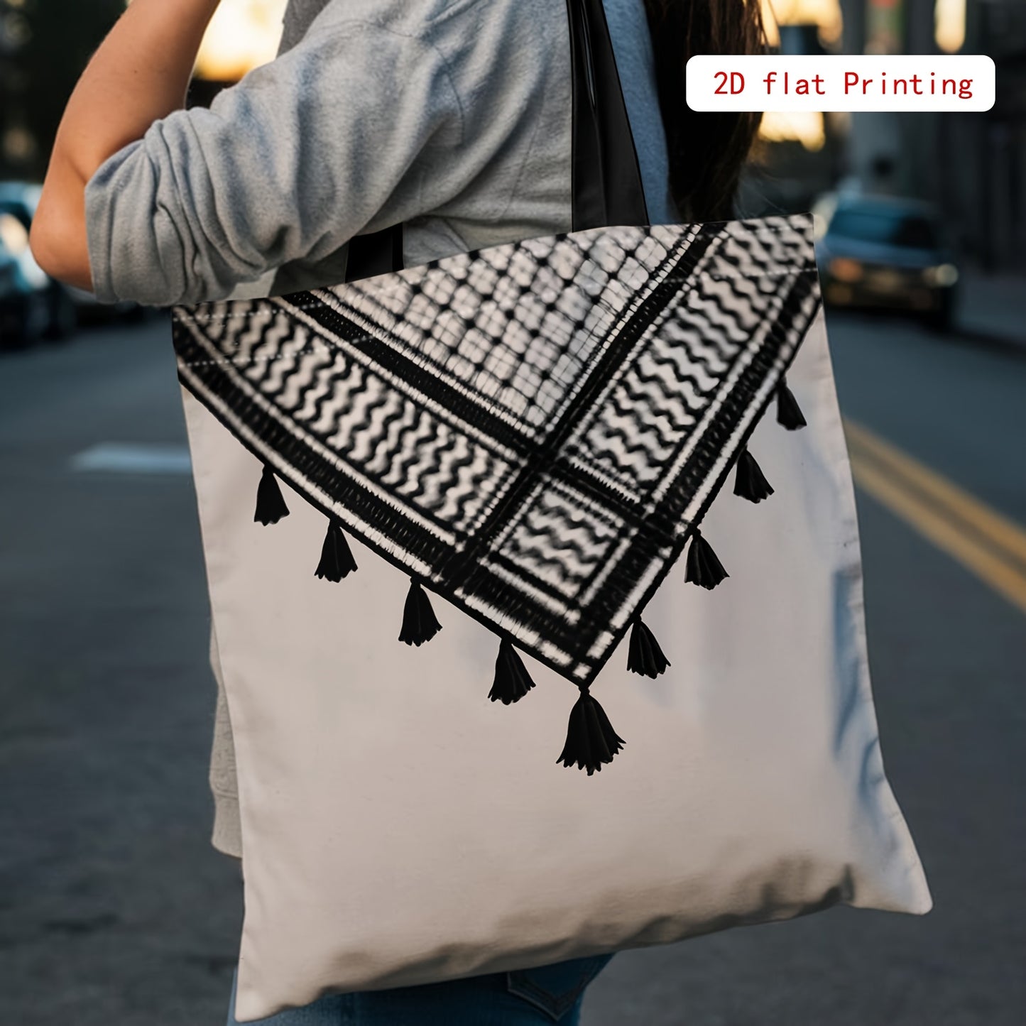 Classic Black & White Geometric Pattern Tote Bag - Large Capacity Shoulder Bag for Women, Reusable for Shopping, Office, and Picnics, Casual Style with Fixed Shoulder Straps, Picnic Bag | Geometric Pattern Tote | Durable Shou