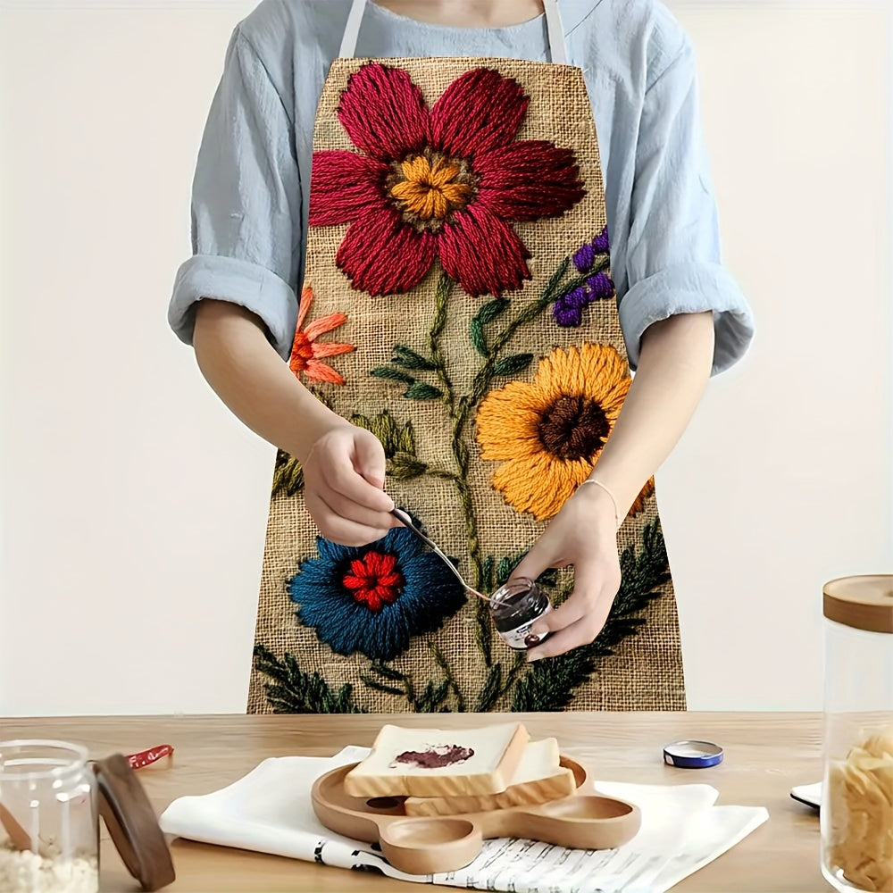 1pc Stylish Durable Linen Apron with Palestinian Embroidery Philosophers Stone Design - Three Vibrant Floral Patterns (Red, Yellow, Blue) for Gardening & Cooking, Perfect Gift for Birthdays, Friends, Couples, Family, Colleagu