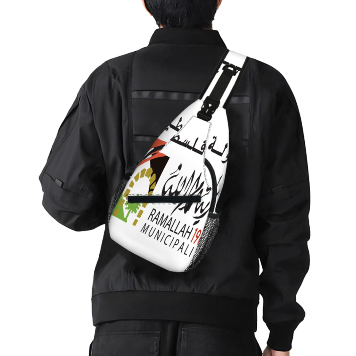 1pc Ramallah Municipal Crossbody Bag - Adjustable Strap, Zippered, Casual & Versatile Chest Bag with 2D Flag Design, Black Polyester for Men & Women, Outdoor Sports & Daily Use, Casual Accessory | Cultural Emblem Bag | Secure