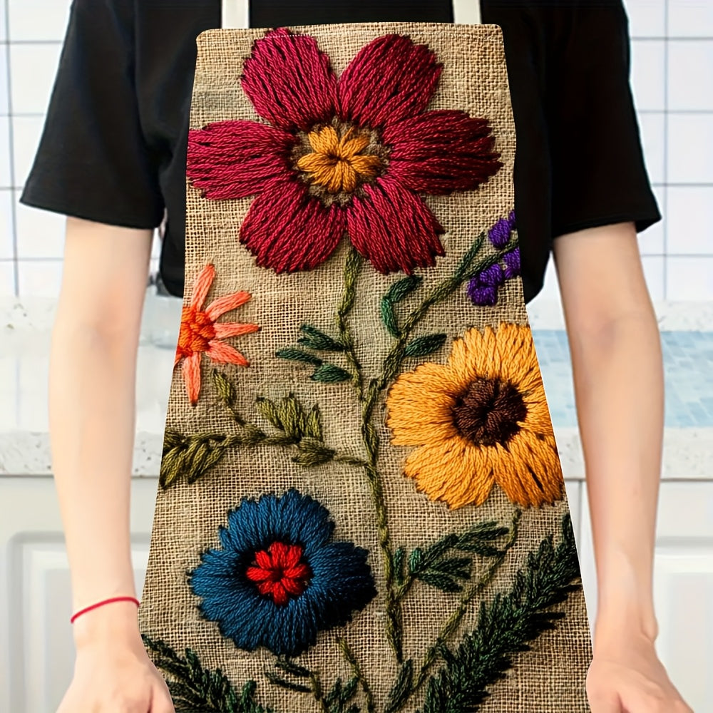 1pc Stylish Durable Linen Apron with Palestinian Embroidery Philosophers Stone Design - Three Vibrant Floral Patterns (Red, Yellow, Blue) for Gardening & Cooking, Perfect Gift for Birthdays, Friends, Couples, Family, Colleagu