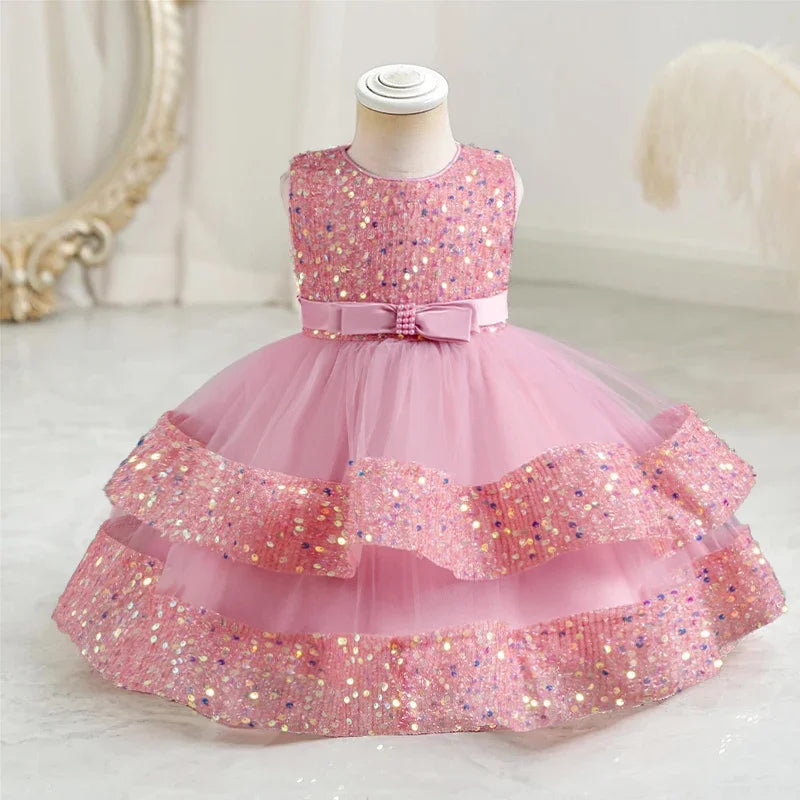 2024 Baby Girls Party Dress Sequins 1st Birthday Baptism Toddler Dress Wedding Green Princess Dresses for Kids Girls Luxury Gown