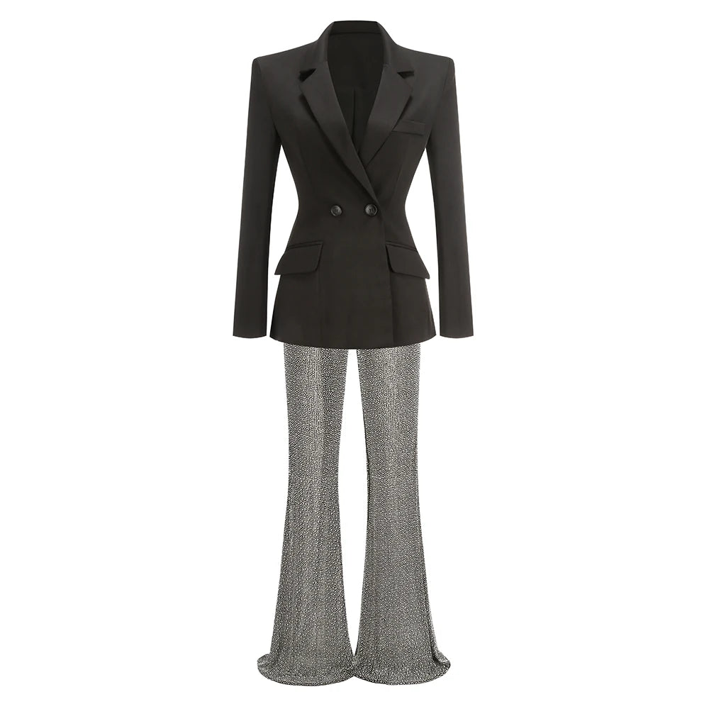 VC Stylish Ladies Pant Suits Double Breasted Blazer Jackets & Loose See Through Sequins Long Pant Hollow Out Fishnet Grid Shiny