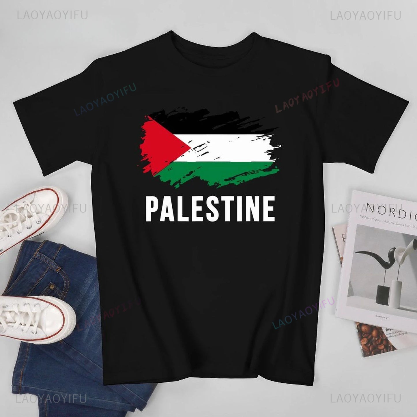 Classic Unisex Men Vintage Palestine Flag Printed T-shirt Casual Loose Tees T Shirts Women Summer Outdoors Cotton T-Shirt