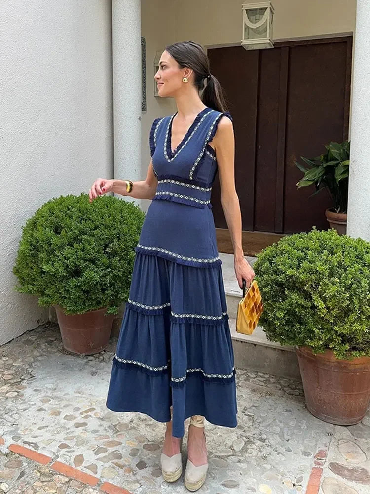 Women Vintage Chic Fringes Spliced Midi Ruffles Dress Fashion V Neck Sleeveless High Waist Robes 2024 Summer Lady Party Vestidos