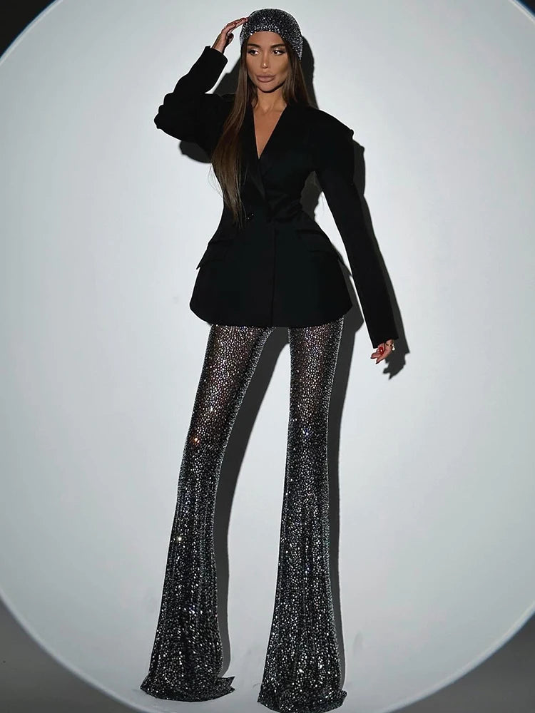 VC Stylish Ladies Pant Suits Double Breasted Blazer Jackets & Loose See Through Sequins Long Pant Hollow Out Fishnet Grid Shiny