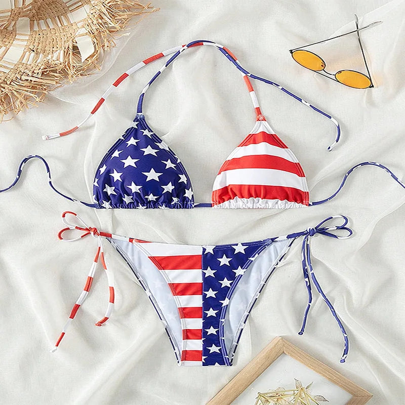 2 Pcs/Set Bikini Set Sexy Bikinis 2024 Lace-up Bikini Swimsuit Women's High Sense American Flag Print Beach Bikini Spa Swimsuit