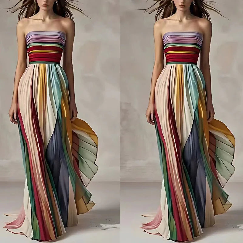 Women's Fashionable A-line Backless Sexy Strapless Printed Multicolor Beachwear Comfortable Strapless Elegant Long Skirt Dress