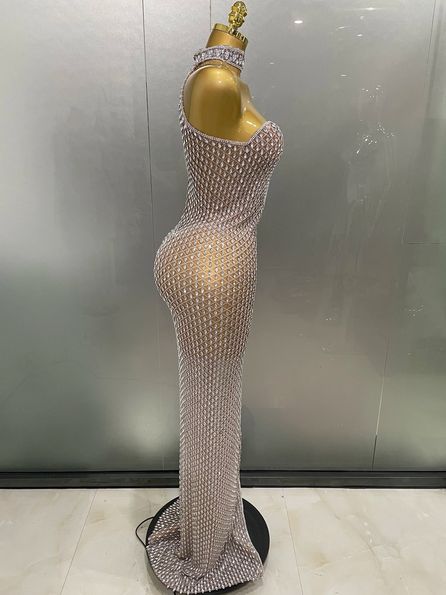 2025 Luxurious Full Rhinestones Mesh Transparent long dress Women Birthday Celebrate Evening Prom Dress party Club Stage Costume