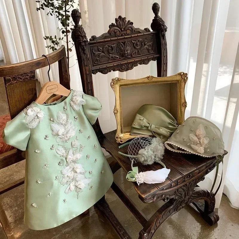 2024 Evening Dress Dress for Baby Girls Kid Pink Green Luxury Ball Gown Evening Birthday Party Dresses Children Elegant