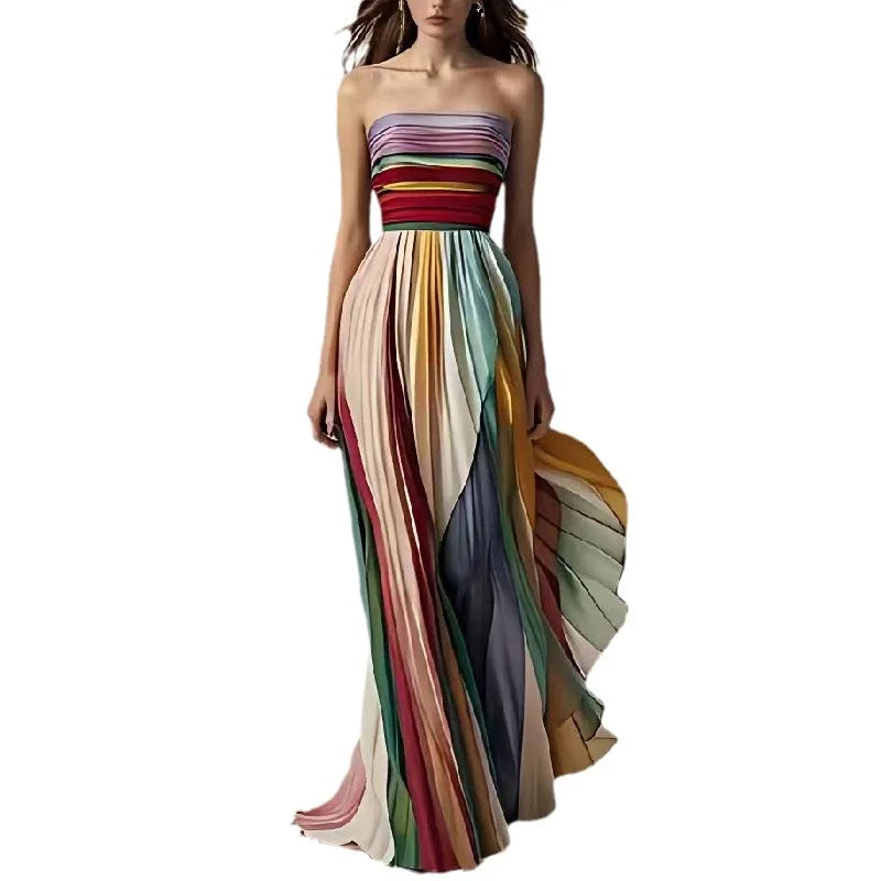 Women's Fashionable A-line Backless Sexy Strapless Printed Multicolor Beachwear Comfortable Strapless Elegant Long Skirt Dress