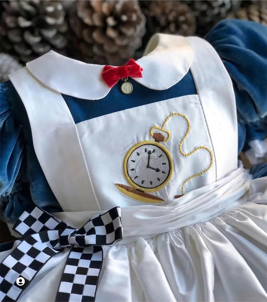 0-12Y Baby Girl Autumn Winter Blue Velvet Alice Embroidery Vintage Princess Ball Gown Dress for Eid Birthday Causal C69