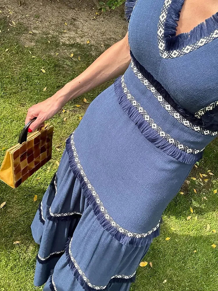 Women Vintage Chic Fringes Spliced Midi Ruffles Dress Fashion V Neck Sleeveless High Waist Robes 2024 Summer Lady Party Vestidos