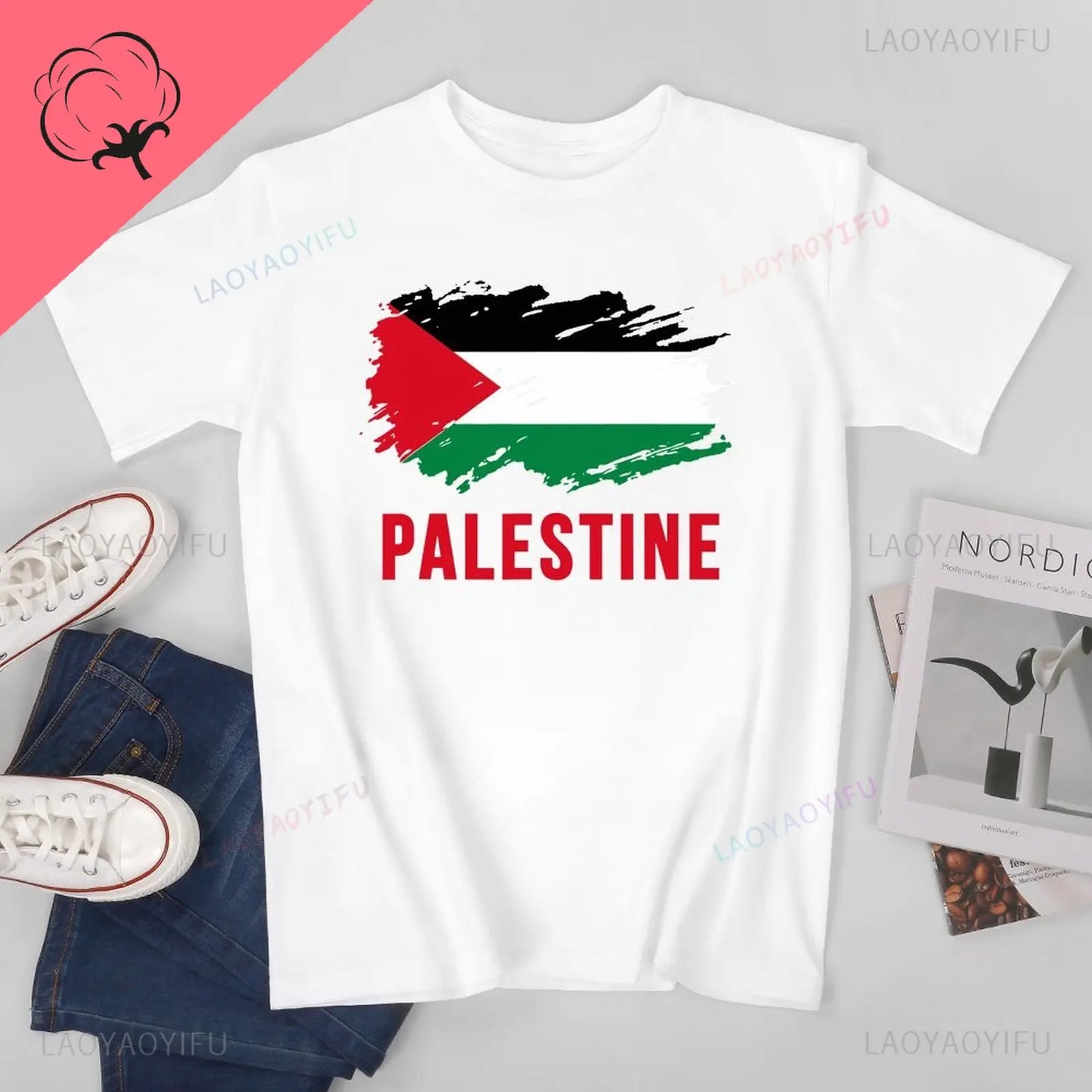 Classic Unisex Men Vintage Palestine Flag Printed T-shirt Casual Loose Tees T Shirts Women Summer Outdoors Cotton T-Shirt