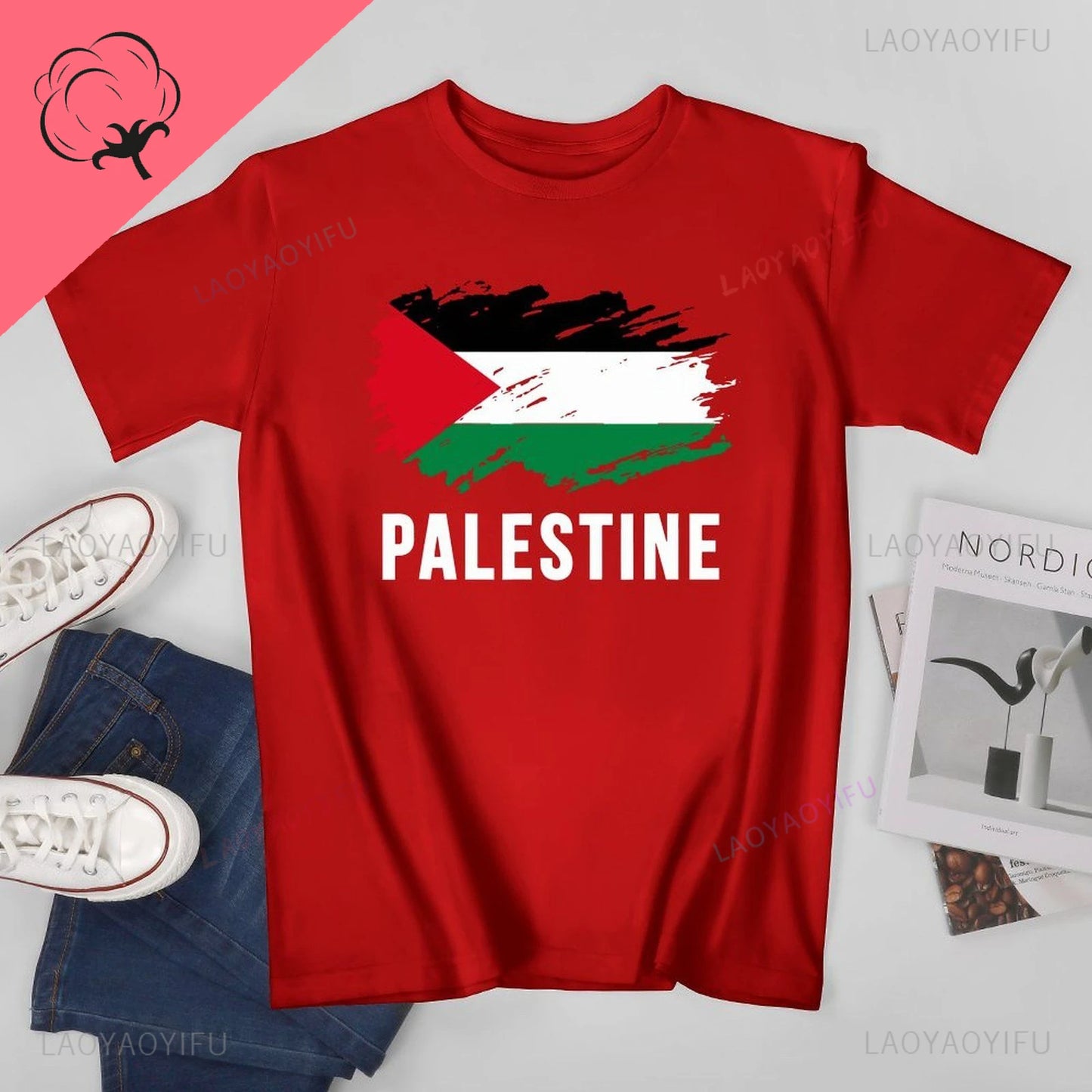 Classic Unisex Men Vintage Palestine Flag Printed T-shirt Casual Loose Tees T Shirts Women Summer Outdoors Cotton T-Shirt