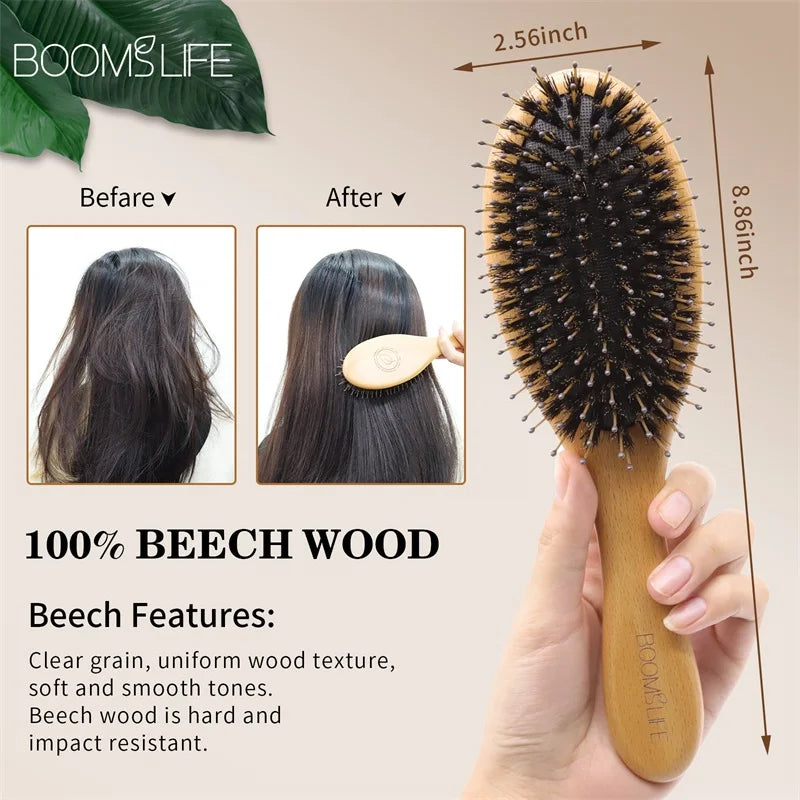 Custom Boar Bristle Hair Brush Women Hair Anti-Static Scalp Massage Comb Wood Hair Brush for Curly Thick Long Hair Detangler