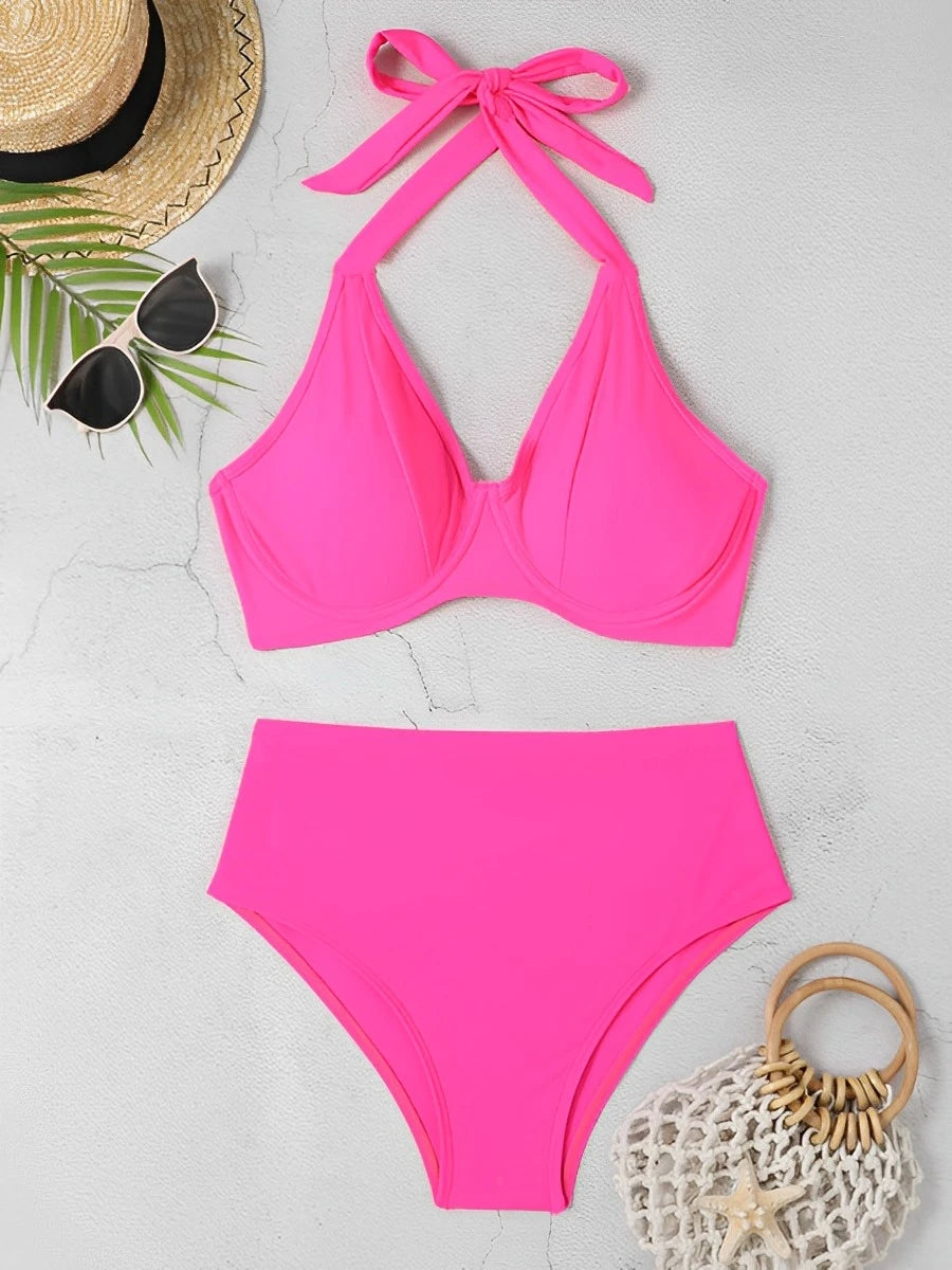 2025 Push Up Halter String Solid Two Piece Bikini Women Swimwear Female Swimsuit Bathers Bathing Swimming Suit Beachwear Summer