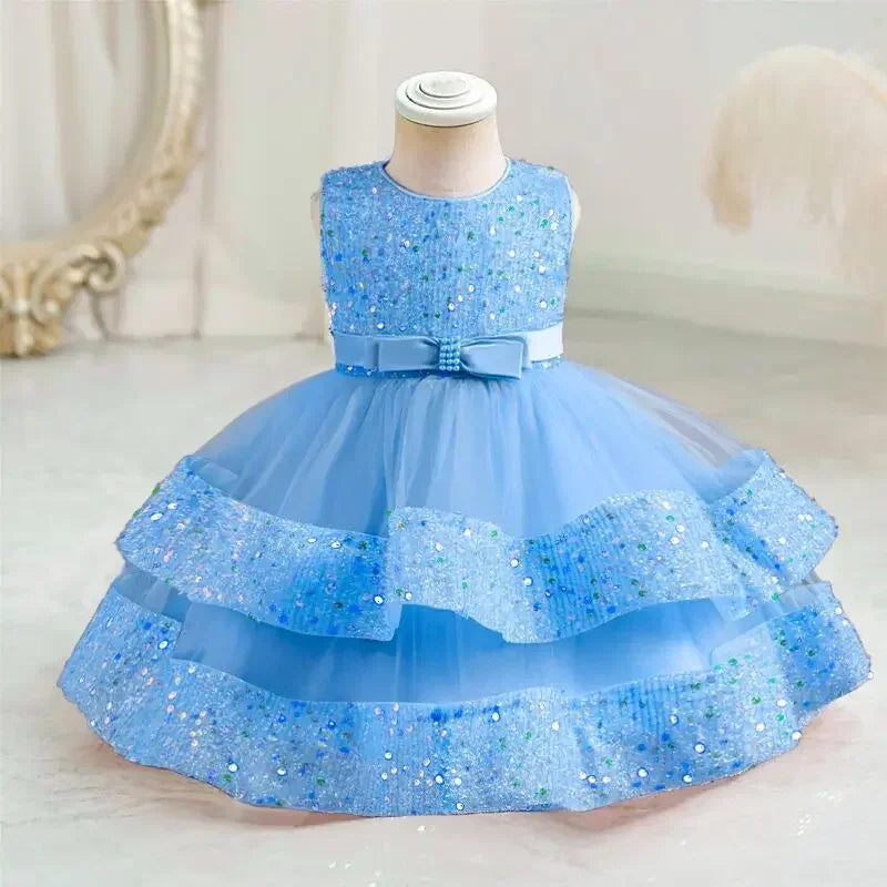 2024 Baby Girls Party Dress Sequins 1st Birthday Baptism Toddler Dress Wedding Green Princess Dresses for Kids Girls Luxury Gown