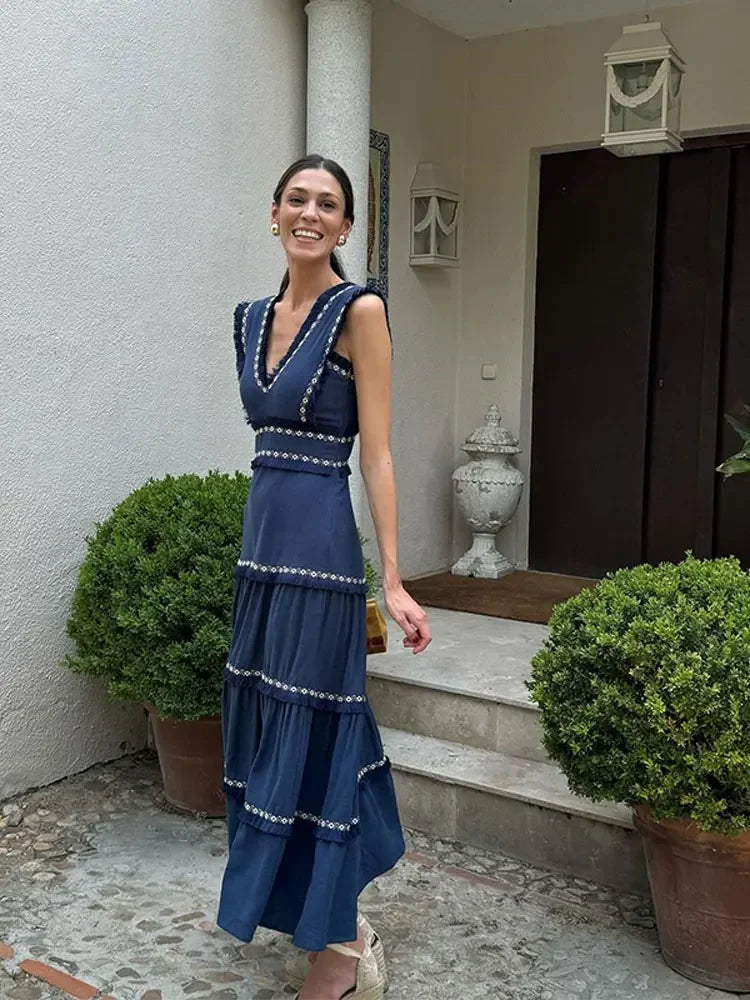 Women Vintage Chic Fringes Spliced Midi Ruffles Dress Fashion V Neck Sleeveless High Waist Robes 2024 Summer Lady Party Vestidos