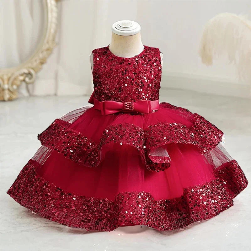 2024 Baby Girls Party Dress Sequins 1st Birthday Baptism Toddler Dress Wedding Green Princess Dresses for Kids Girls Luxury Gown