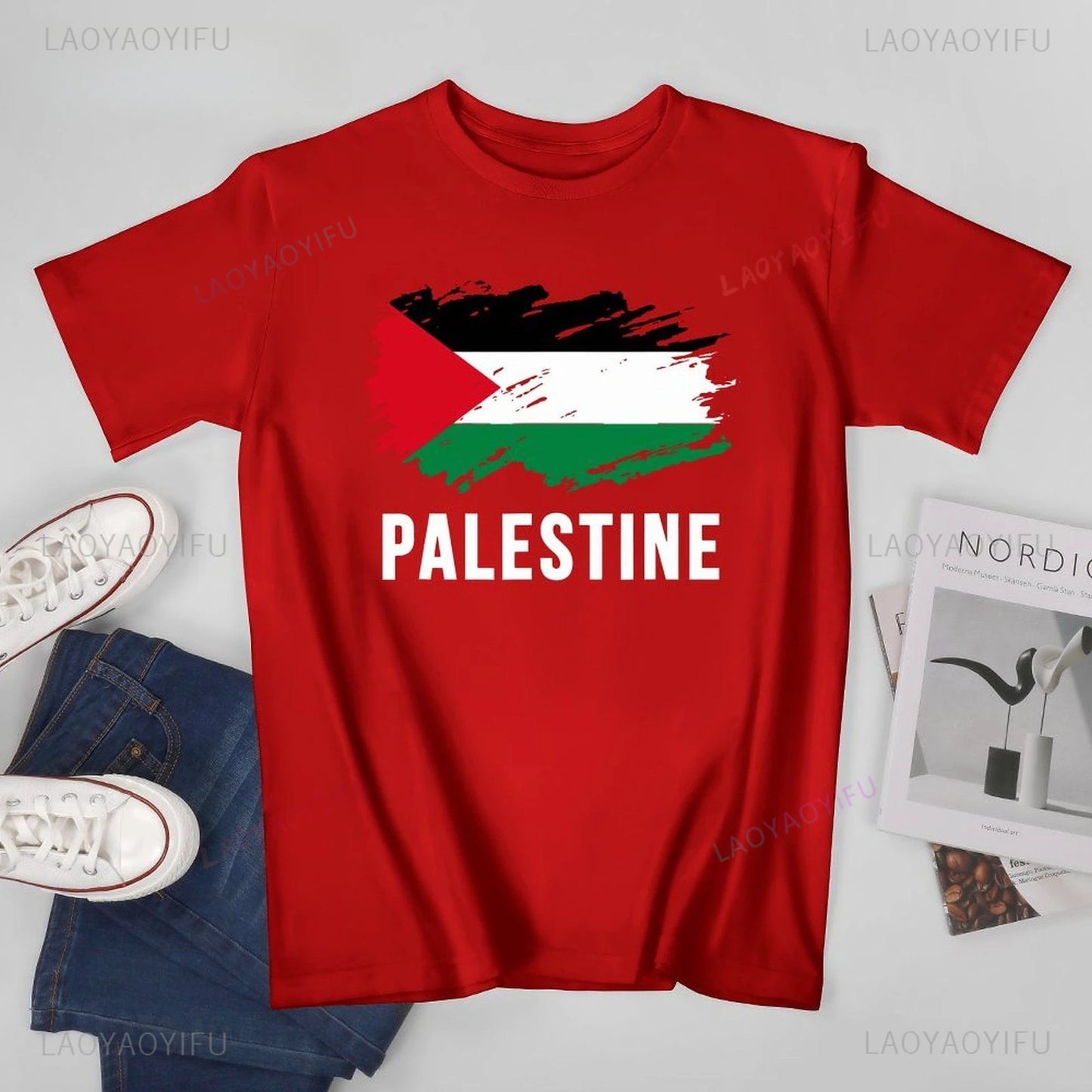 Classic Unisex Men Vintage Palestine Flag Printed T-shirt Casual Loose Tees T Shirts Women Summer Outdoors Cotton T-Shirt