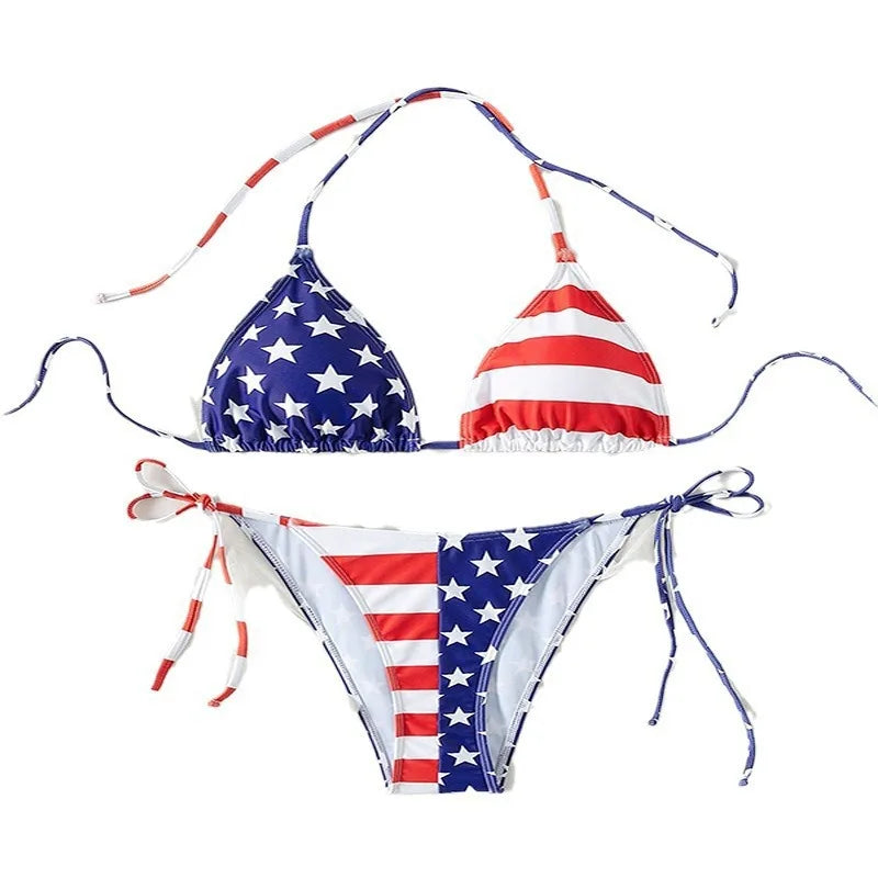 2 Pcs/Set Bikini Set Sexy Bikinis 2024 Lace-up Bikini Swimsuit Women's High Sense American Flag Print Beach Bikini Spa Swimsuit