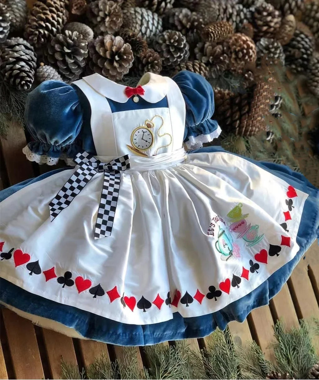 0-12Y Baby Girl Autumn Winter Blue Velvet Alice Embroidery Vintage Princess Ball Gown Dress for Eid Birthday Causal C69