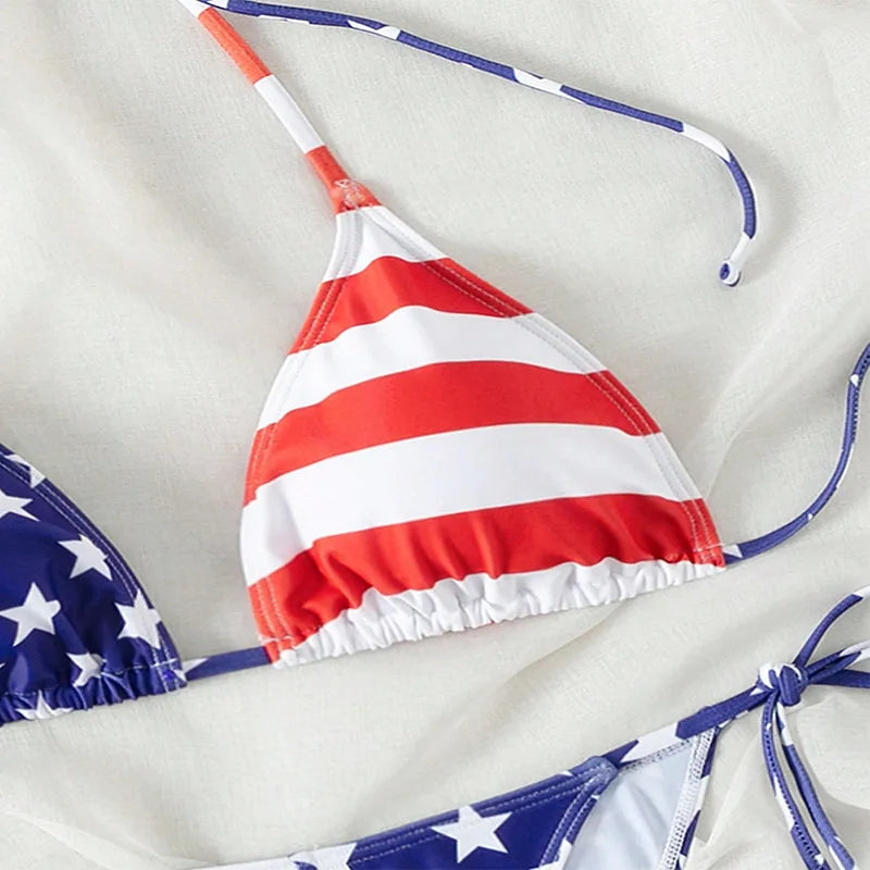 2 Pcs/Set Bikini Set Sexy Bikinis 2024 Lace-up Bikini Swimsuit Women's High Sense American Flag Print Beach Bikini Spa Swimsuit