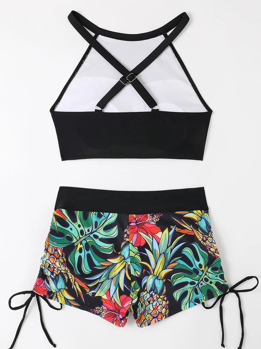 2025 Print High Waist Swimsuit Women High Neck Bikini Drawstring Swimwear Female Bathers Bathing Swimming Swim Suit Beachwear