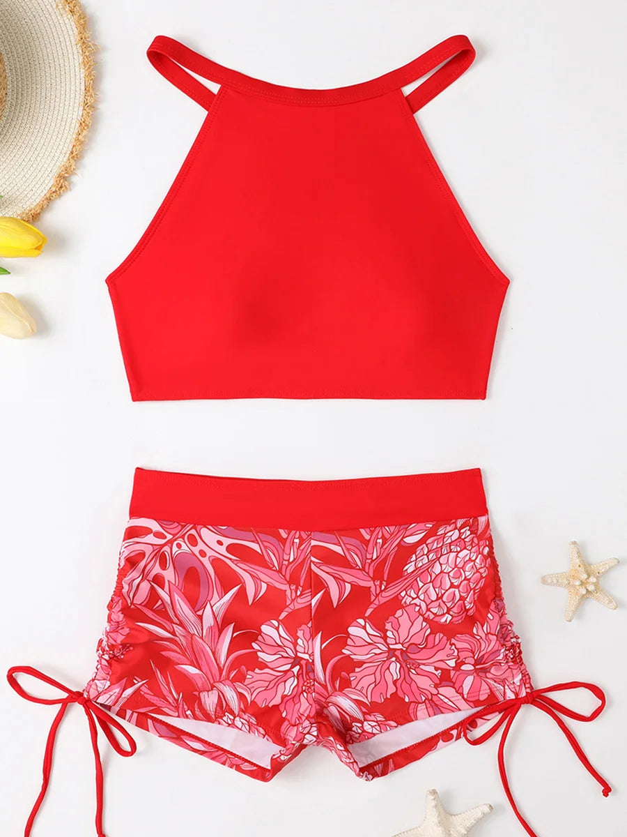 2025 Print High Waist Swimsuit Women High Neck Bikini Drawstring Swimwear Female Bathers Bathing Swimming Swim Suit Beachwear