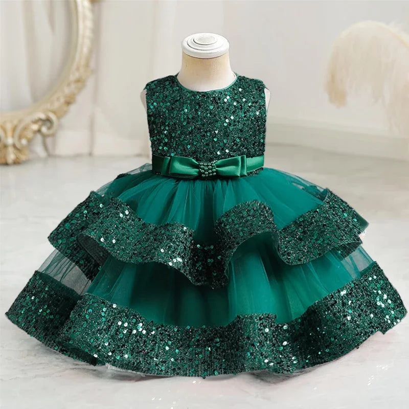 2024 Baby Girls Party Dress Sequins 1st Birthday Baptism Toddler Dress Wedding Green Princess Dresses for Kids Girls Luxury Gown