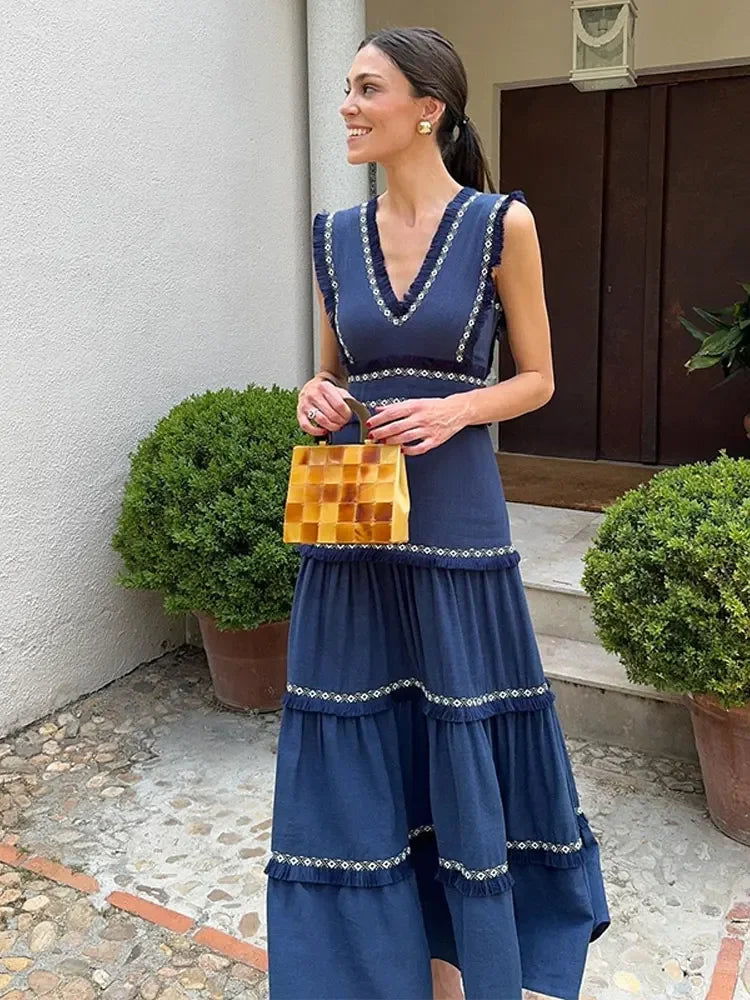 Women Vintage Chic Fringes Spliced Midi Ruffles Dress Fashion V Neck Sleeveless High Waist Robes 2024 Summer Lady Party Vestidos
