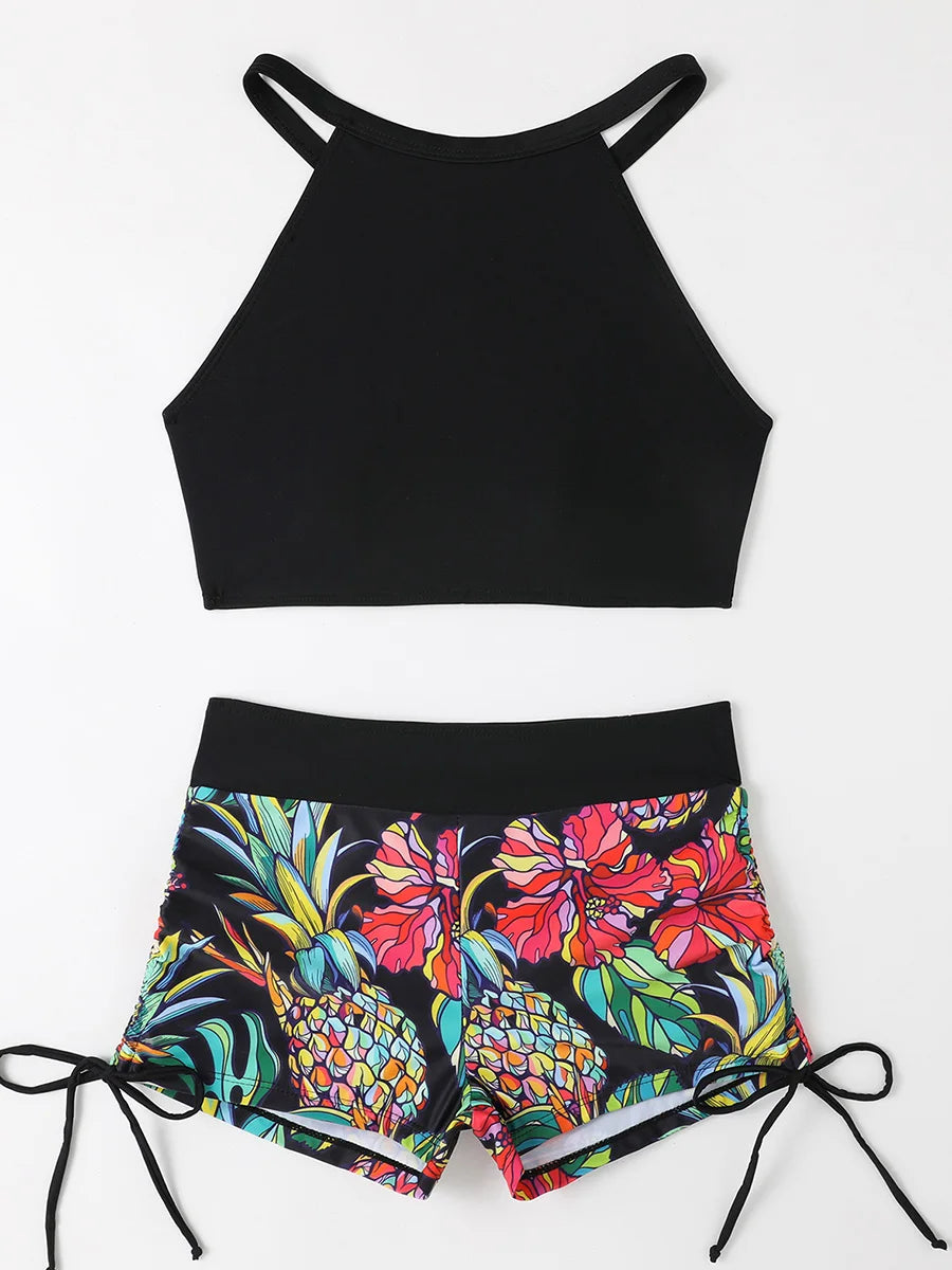 2025 Print High Waist Swimsuit Women High Neck Bikini Drawstring Swimwear Female Bathers Bathing Swimming Swim Suit Beachwear