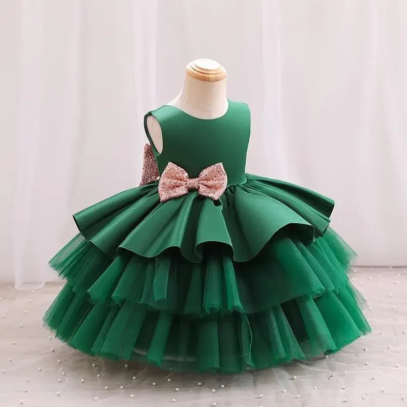2024 Baby Girls Party Dress Sequins 1st Birthday Baptism Toddler Dress Wedding Green Princess Dresses for Kids Girls Luxury Gown