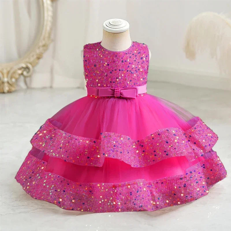2024 Baby Girls Party Dress Sequins 1st Birthday Baptism Toddler Dress Wedding Green Princess Dresses for Kids Girls Luxury Gown