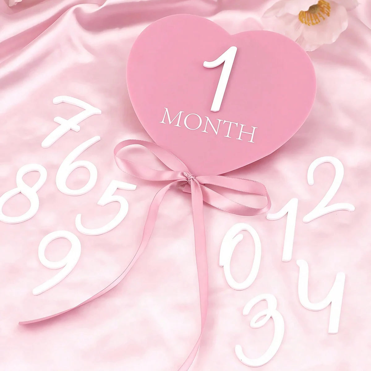 Ylsteed heart shaped pink baby monthly milestone signs pink ribbon newborn monthly photo props matching with number 0-12
