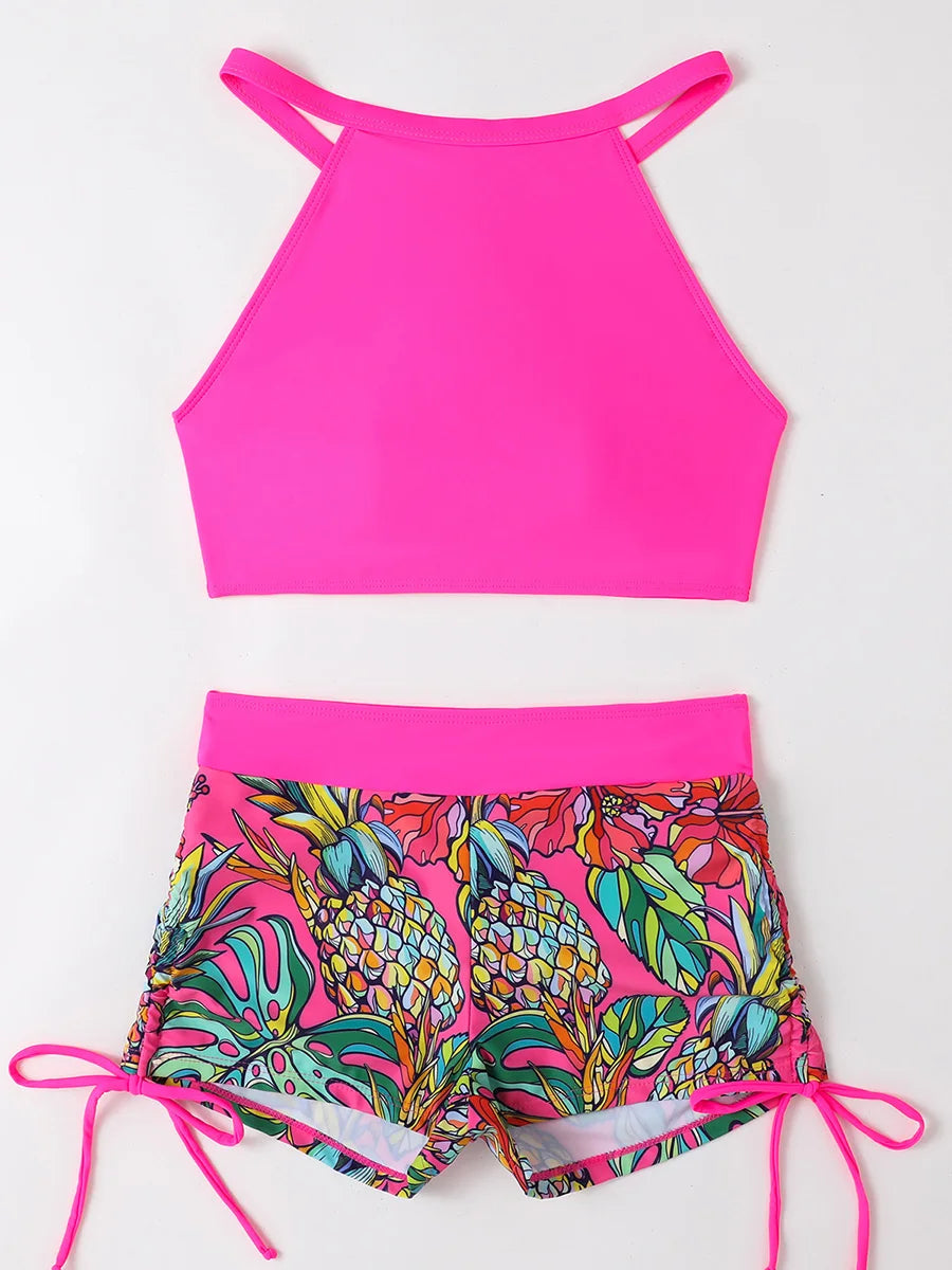 2025 Print High Waist Swimsuit Women High Neck Bikini Drawstring Swimwear Female Bathers Bathing Swimming Swim Suit Beachwear