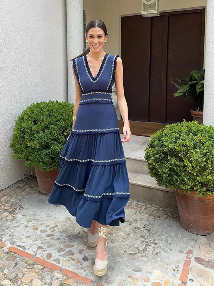 Women Vintage Chic Fringes Spliced Midi Ruffles Dress Fashion V Neck Sleeveless High Waist Robes 2024 Summer Lady Party Vestidos