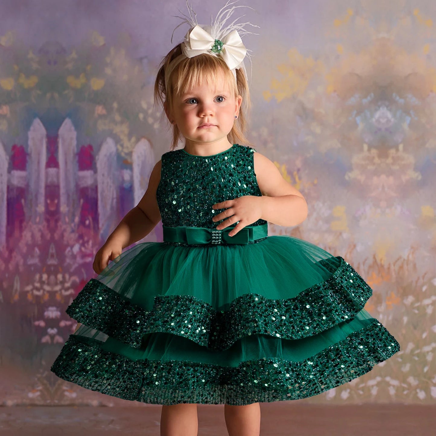2024 Baby Girls Party Dress Sequins 1st Birthday Baptism Toddler Dress Wedding Green Princess Dresses for Kids Girls Luxury Gown