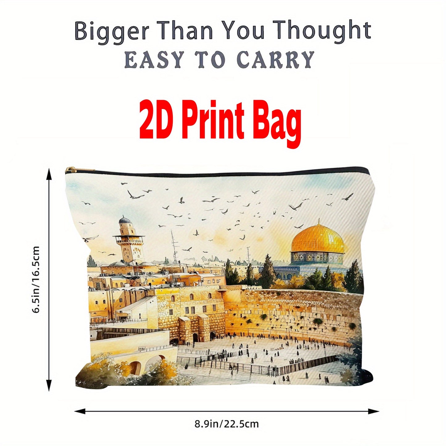 1pc Polyester Makeup Bag with 2D Print of Jerusalem - Historic Dome of the Rock & Al-Aqsa Mosque, Black Zipper, Perfect for Travel & Daily Use, Ideal Gift for Christmas, Thanksgiving, Halloween, Birthdays, Travel Makeup Bag |