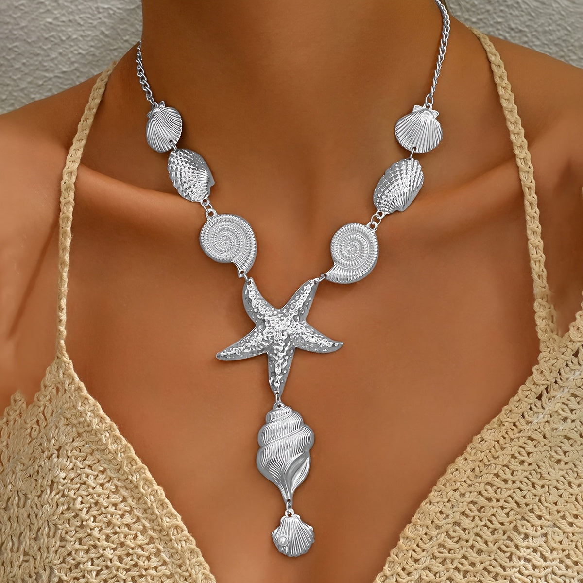 1 Pair of Summer Ocean Vacation Style Women's Y-Necklace, New Bohemian Creative Starfish Shell Seashell and Other Marine Life Pendant Collarbone Necklace, Perfect Beach Holiday Accessory, Ideal Gift for Friends